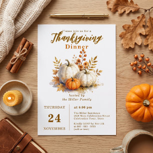 Watercolor Pumpkins Gold Leaves Fall Thanksgiving  Invitation