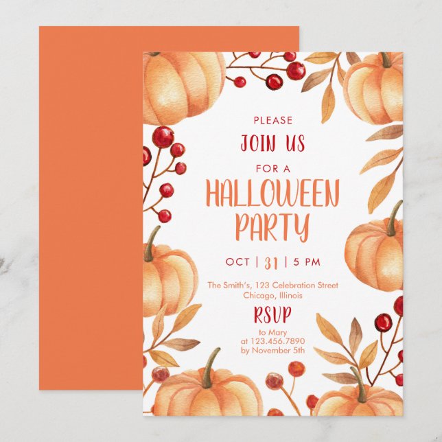 Watercolor Pumpkins Halloween Party Invitation (Front/Back)