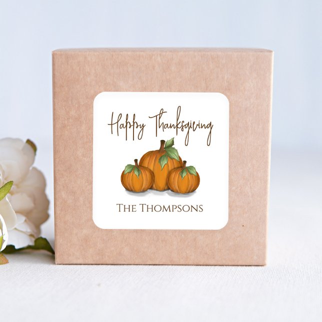 Watercolor Pumpkins Happy Thanksgiving Custom Square Sticker (Happy Thanksgiving Orange Pumpkins Party Favor Sticker.)