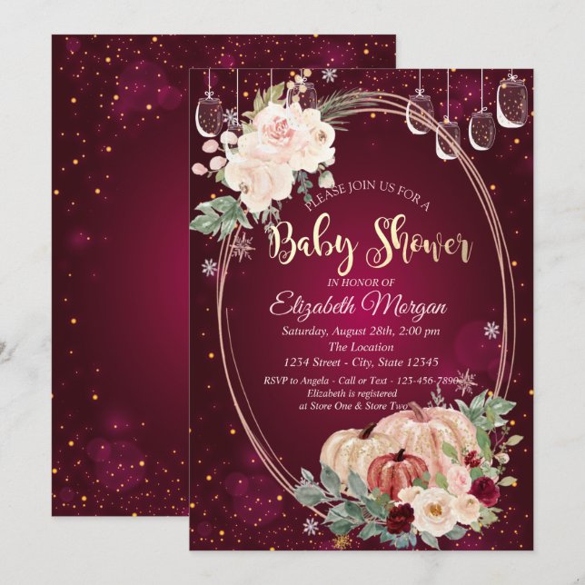 Watercolor Pumpkins,Lights,Flowers Baby Shower  Invitation (Front/Back)