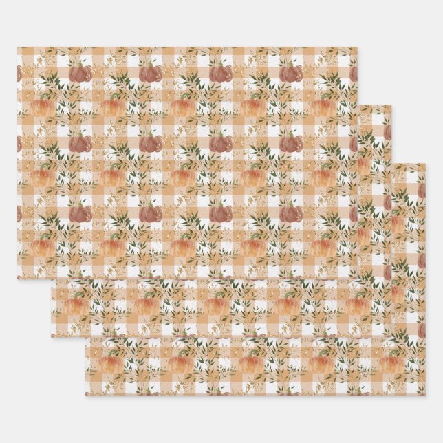 Watercolor Pumpkins on Gingham Wrapping Paper Sheet (Set)