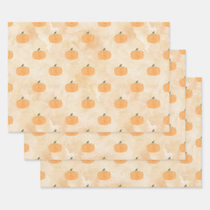 Watercolor Pumpkins on Orange Wrapping Paper Sheet