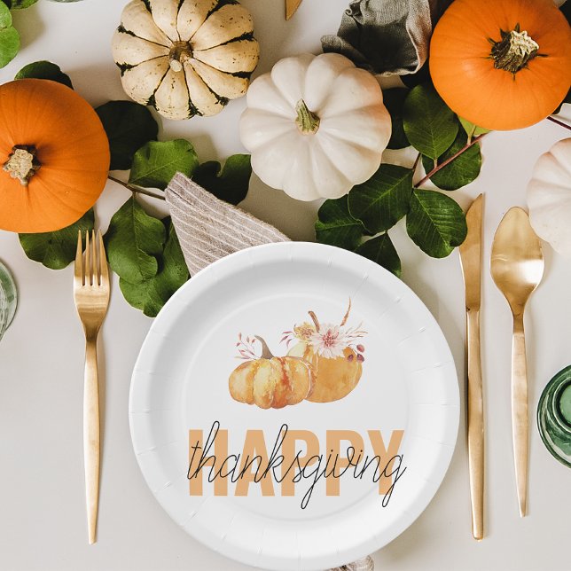 Watercolor Pumpkins & Orange Happy Thanksgiving  Paper Plate (Creator Uploaded)