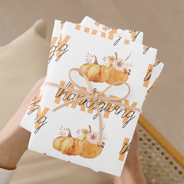 Watercolor Pumpkins & Orange Happy Thanksgiving Wrapping Paper Sheet (Creator Uploaded)