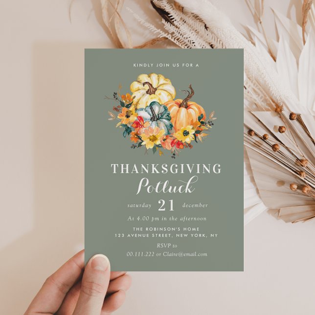 watercolor pumpkins sage thanksgiving potluck invitation (Creator Uploaded)