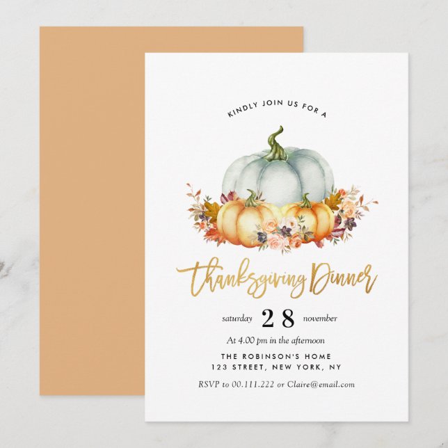 watercolor pumpkins thanksgiving dinner invitation (Front/Back)