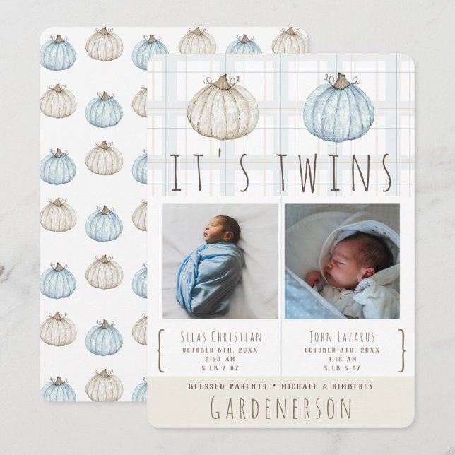 Watercolor Pumpkins Twins Boys Announcement (Front/Back)