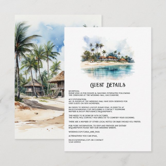 Watercolor Punta Cana Wedding Guest Details Enclosure Card (Front/Back)