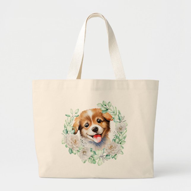 Watercolor Puppy Love with White Roses Large Tote Bag (Front)