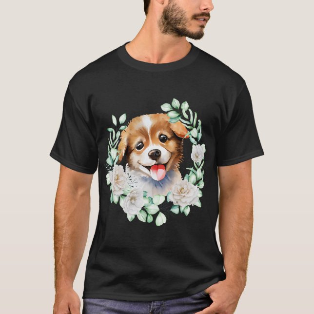 Watercolor Puppy Love with White Roses T-Shirt (Front)