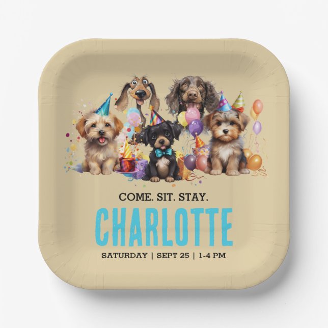 Watercolor Puppy Pawty Dog Birthday Paper Plate (Front)