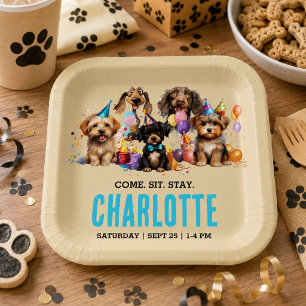 Watercolor Puppy Pawty Dog Birthday Paper Plate