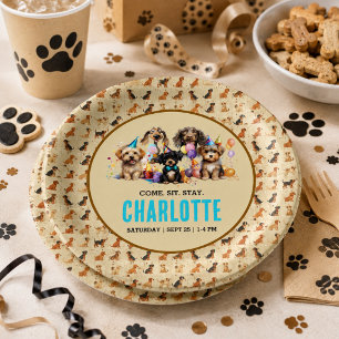 Watercolor Puppy Pawty Dog Birthday Paper Plate