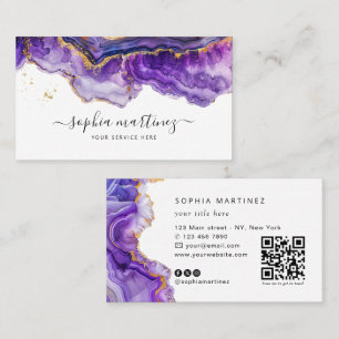 Watercolor Purple Agate gold glitter & QR Code Business Card