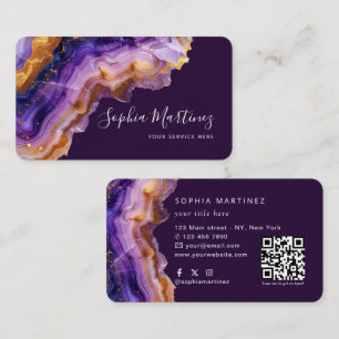 Watercolor Purple Agate gold glitter & QR Code Business Card
