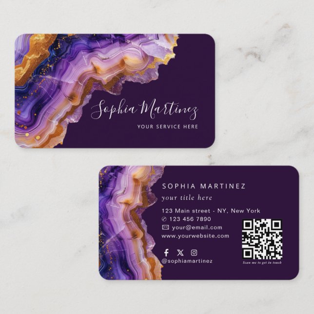 Watercolor Purple Agate gold glitter & QR Code Business Card (Front/Back)