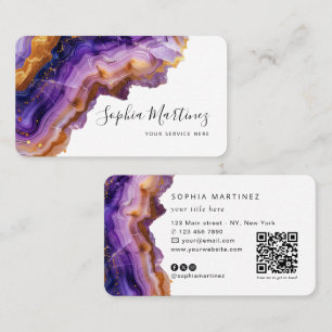 Watercolor Purple Agate gold glitter & QR Code Business Card