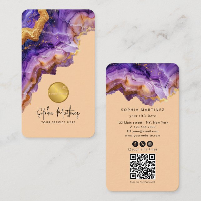 Watercolor Purple Agate gold glitter & QRCode Logo Business Card (Front/Back)