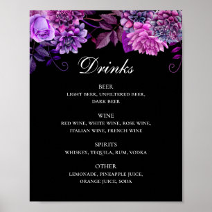 Watercolor purple and black floral wedding drinks poster