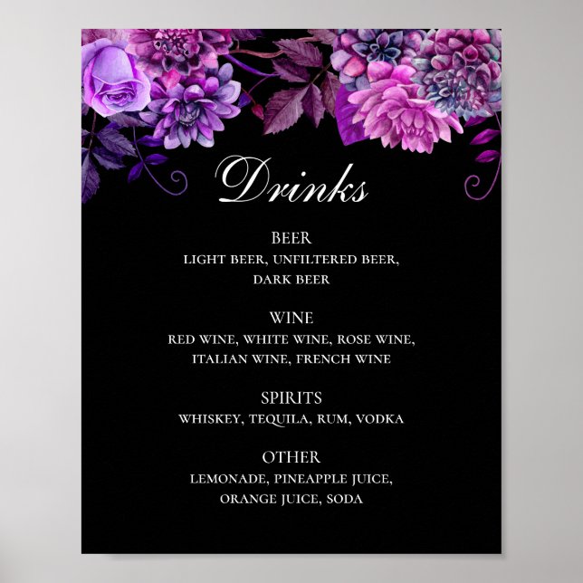 Watercolor purple and black floral wedding drinks poster (Front)