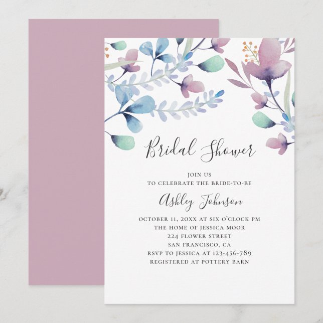 Watercolor purple and blue floral bridal shower invitation (Front/Back)
