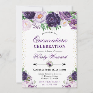 Watercolor Purple and Cream Flowers Quinceanera Invitation