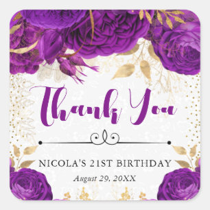 Watercolor Purple and Gold Flowers Birthday Square Sticker