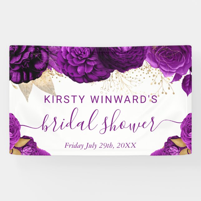 Watercolor Purple and Gold Flowers Bridal Shower Banner (Horizontal)