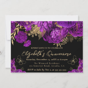 Watercolor Purple and Gold Flowers Quinceanera Invitation