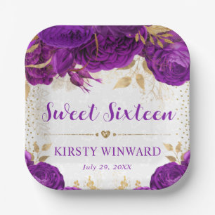 Watercolor Purple and Gold Flowers Sweet 16 Paper Plate