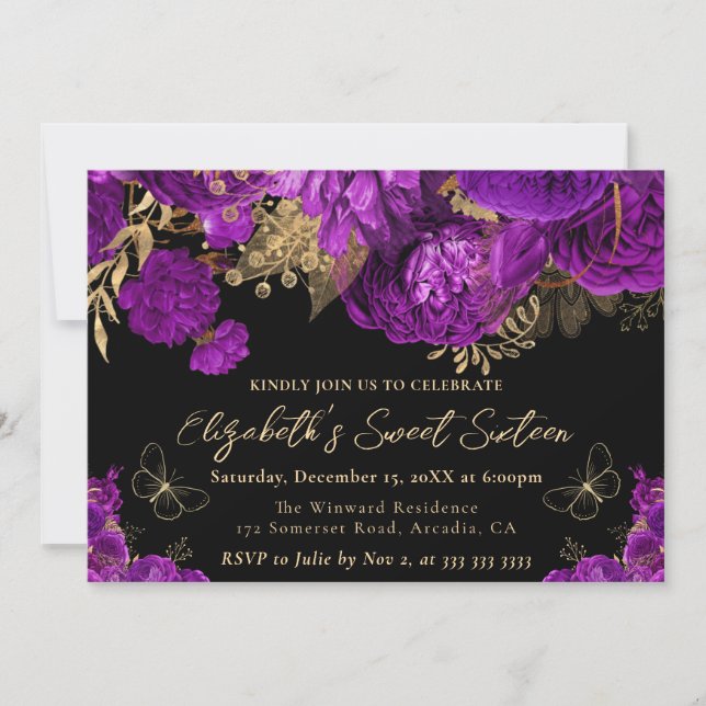 Watercolor Purple and Gold Flowers Sweet Sixteen Invitation (Front)
