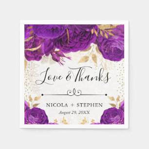 Watercolor Purple and Gold Flowers Wedding Napkin