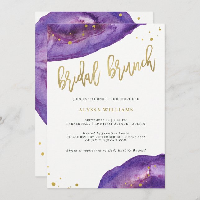 Watercolor Purple and Gold Geode Bridal Brunch Invitation (Front/Back)