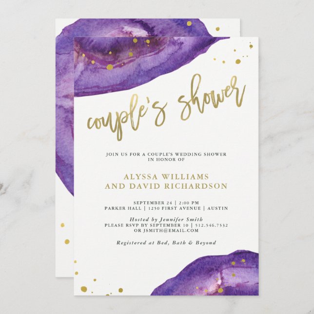 Watercolor Purple and Gold Geode Couples Shower Invitation (Front/Back)