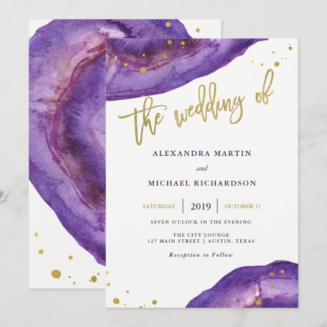Watercolor Purple and Gold Geode Wedding Invitation (Front/Back)