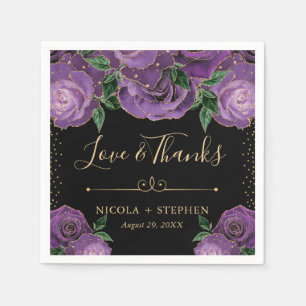Watercolor Purple and Gold Glam Roses Wedding Napkin