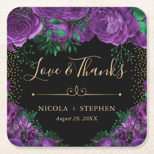 Watercolor Purple and Gold Glam Roses Wedding Square Paper Coaster