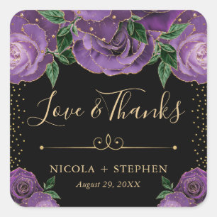 Watercolor Purple and Gold Glam Roses Wedding Square Sticker