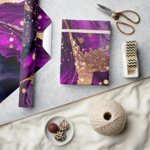 Watercolor Purple and Gold Glitter Alcohol Ink Wrapping Paper