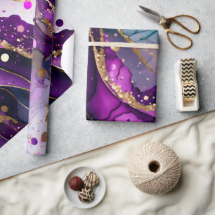 Watercolor Purple and Gold Glitter Alcohol Ink Wrapping Paper
