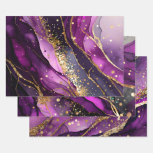 Watercolor Purple and Gold Glitter Alcohol Ink Wrapping Paper Sheet