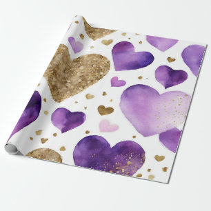 Watercolor Purple and Gold Ink Valentines Hearts Wrapping Paper