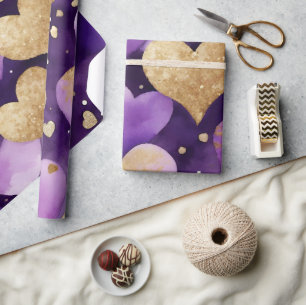 Watercolor Purple and Gold Ink Valentines Hearts Wrapping Paper
