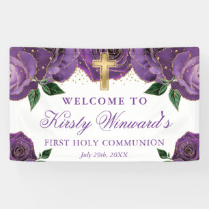 Watercolor Purple and Gold Roses 1st Communion Banner