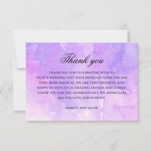 Watercolor purple and lilac calligraphy wedding thank you card (Front)