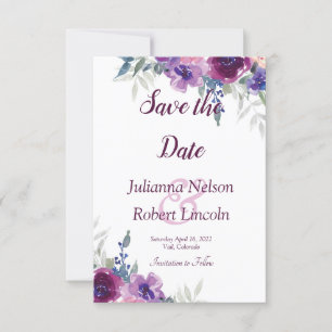 Watercolor purple and mauve floral save the date invitation