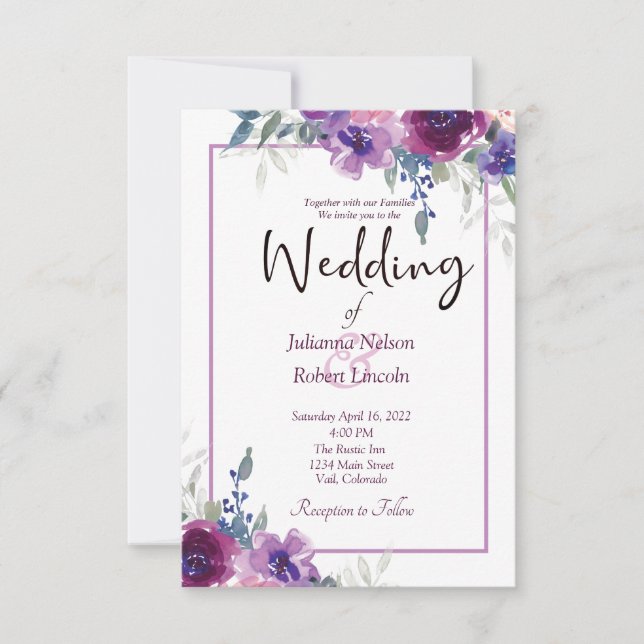 Watercolor purple and mauve floral  wedding invita invitation (Front)