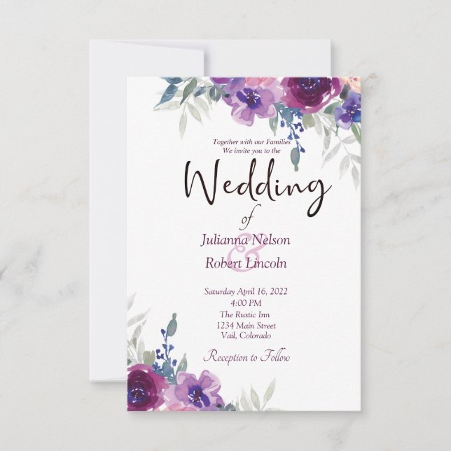 Watercolor purple and mauve floral  wedding invita invitation (Front)