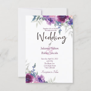 Watercolor purple and mauve floral  wedding invita invitation