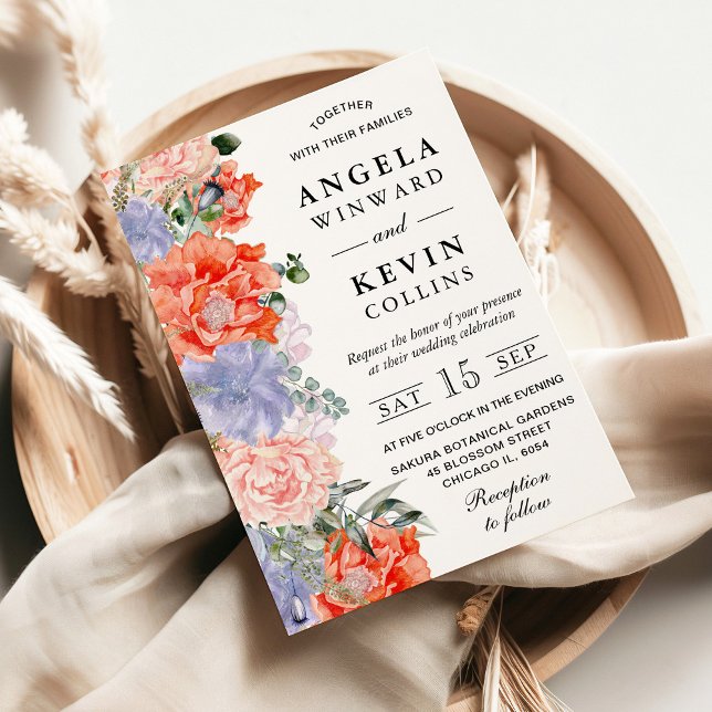 Watercolor Purple and Orange Flowers Wedding Invitation (Creator Uploaded)